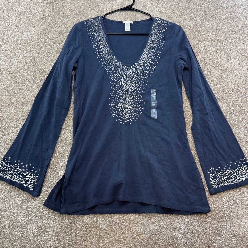 Womens Navy Blue Sequin V-Neck Cotton Tunic Top XS Perfect Fall Boho Festival